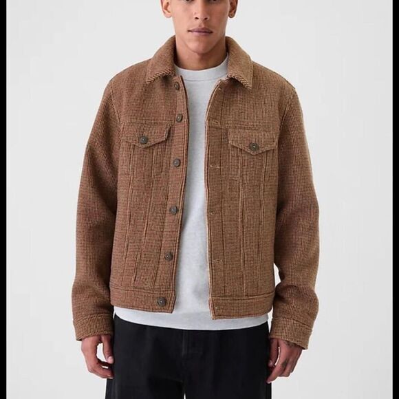 GAP Men’s XXL Houndstooth Wool Blend Jacket Brown Button Front New With Tags $18 - Picture 1 of 7